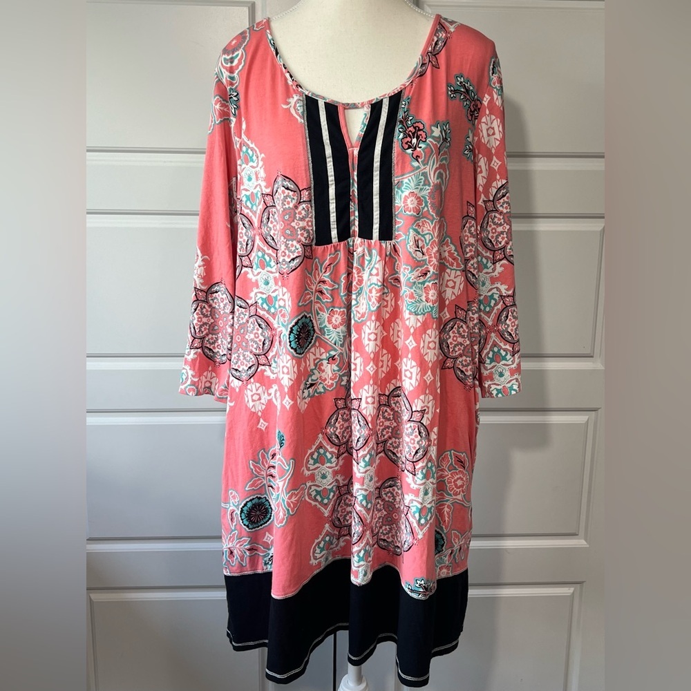 Ellen Tracy Tunic Dress Women XL Coral Pink‎ Paisley Floral 3/4 Sleeve Pockets